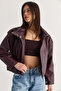 Women's Burgundy Lined Stand Collar Shoulder Epaulettes Snap Closure Oversize Faux Leather Jacket 2838 60286593 - 5