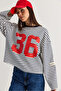 Women's Ecru-Navy Blue Oversize Striped 36 Printed Long Sleeve T-Shirt 12680 60286585 - 6