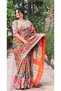 Pure Chinon Silk Designer Patchwork Printed Saree with Handwork Mirror Embroidery-FALL & PICO STITCHED & Unstitched Blouse Piece – Multicolor Floral & Geometric Festive Partywear Saree