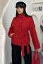 Women's Stand Collar Red Trench Coat - Belted Double-Breasted Buttoned Trench - 5