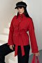 Women's Stand Collar Red Trench Coat - Belted Double-Breasted Buttoned Trench - 7