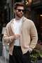 Beige Hooded Zippered Men's Knitwear Cardigan E7208