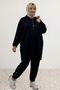 67078 Large Size Modal Trousers Set with Snap Detail on the Legs and Collar - Black