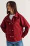 Women's Burgundy Lined Denim Stand Collar Snap Fastener Short Trench Coat 1131 60286576 - 3