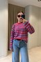 Circular Necklace Striped Knitted Blouse - Red - 4