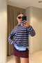 Circular Necklace Striped Knitted Blouse - Burgundy - 6