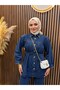 Evin Women's Denim Jeans Set Belted Shirt Pants with Gold Button Detail |   Navy Blue - 4