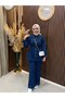 Evin Women's Denim Jeans Set Belted Shirt Pants with Gold Button Detail |   Navy Blue - 7