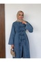 Women's Chinese-Inspired Detail-Embellished Top with Buttons and Belted Jeans Tunic Pants Set - 5