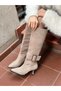 Mink Suede (Lavinia) Silver Buckle Detail 7 cm Women's Heeled Boots - 5