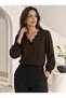 Women's V-Neck Sleeve and Collar Lace Detail Long Sleeve Janjan Stylish Crepe Blouse