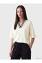 Two Mt Shop Quality Lcw Everyday Beige Diver Fabric Striped V-Neck Short Sleeve Women's Blouse