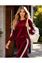 Women's Long Sleeve Crew Neck Stripe Detailed Velvet Blouse and Trousers Two-Piece Set