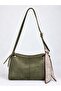 Khaki Suede Women's Shoulder Bag with Scarf Detail, Adjustable Strap and Zipper