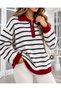 Women's Striped Polo Collar Half-Zip Oversize Knitwear Sweater with Detail