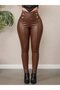 Cross Effect on the Waist - Women's High Waist Leather Leggings with Cross Straps on the Front and Button Detail