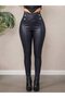 Cross Effect on the Waist - Women's High Waist Leather Leggings with Cross Straps on the Front and Button Detail