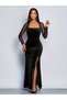 Women's long sleeve geometric collar detailed tulle slit long velvet dress - 4