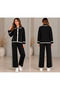 Women's Ecru Black Ribbed Button Detailed Knitwear Double Set - 2