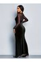 Women's long sleeve geometric collar detailed tulle slit long velvet dress - 2