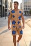 Men's Shorts T-Shirt Set Blue Floral Printed 100% Cotton Summer Top and Bottom Set - Brown - 2