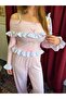 Off-Shoulder White Ruffle Bow Detailed Long Sleeve Women's Pajama Set Pink