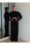 Women's Black High Waist Finger-Looped Turtleneck Knitwear Set - 3