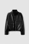 Women's Black Stand Collar Leather Jacket with Pockets and Zipper Detail - 2