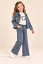Girl's Cat Patterned 3-Piece Denim Set – Jacket, Long Sleeve T-Shirt, and Wide Leg Pants - 2
