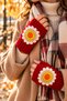 Women's Fingerless Knitted Gloves Red Flower Motif Handmade Winter Warm Gloves
