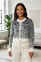 Women's Ecru Black Patterned Textured Knitwear Cardigan with Gold Buttons Stylish Short Cardigan