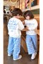 Girl's Figure Patterned Ecru Sweatshirt Blue Checkered Gabardine Denim Unlined Top and Bottom Set - 3