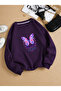 Women's Winter Sweatshirt Purple Pink Butterfly Flower Printed Oversize Crew Neck Sweatshirt Bloom Fear Printed