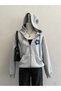 Blue Floral Logo Sweatshirt Zip-Up Cardigan - Printed Oversized Winter Hoodie with Pockets - 4