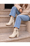 Women's Beige Thick Heeled Zippered Stylish Boots with Rope Detail - 3