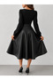 Women's long sleeve square neck top with viscose bottom and leather midi dress - 2