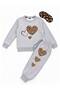 Girl's Cotton Fabric Gray Color Heart Leopard Patterned Sleep Bandage Hooded Long Sleeve Winter Tracksuit Set - 2