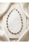Women's Gold Tube Detailed Marble Patterned Coffee Beaded Necklace - 2