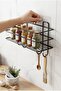 Adhesive Matte Black Spice Rack - No Drilling Required Kitchen Organizer Wall Shelf with 4 Hooks - 6