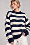Women's Navy Blue Thick Striped Crew Neck Casual Knitwear Sweater
