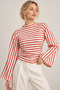Women's ecru red striped blouse with ruched sides and spanish sleeves