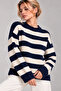 Women's Navy Blue Thick Striped Crew Neck Casual Knitwear Sweater - 4