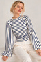 Women's Navy Blue Striped Gathered Side Spanish Sleeve Blouse - 5