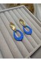 Gold Color Leaf Detailed Blue Dangle Women's Earrings