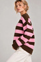 Women's Brown Pink Thick Striped Crew Neck Loose Knit Sweater - 3