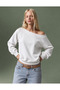 Women's 3 Thread Threaded, Off-The-Shoulder, Wide Boat Neck Oversize Sweatshirt - Ecru - 2