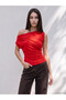 Ozmarka New Season Red Boat Neck Gathered Blouse