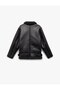 Long Sleeve Plush Collar Detailed Pocket Zippered Leather Jacket - 2