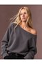Women's 3 Thread Threaded, Off-The-Shoulder, Wide Boat Neck Oversize Sweatshirt - Anthracite - 2