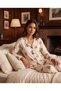 Women's Long Sleeve Shirt Collar Single Jersey Fabric Cotton Teddy Bear Patterned Pajama Set - Ecru - 2